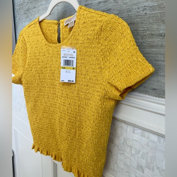 NWT new medium Michael kors Smocked ruched CCap Sleeve Cropped top yellow - Picture 6 of 15